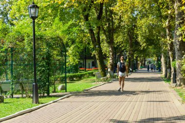 İnsanlar parkta yol boyunca yürüyorlar..
