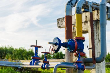 Geçit vanaları yazın gaz ve yağ borularının üzerinde bulunuyor. Paslı eski borular. Yaz manzarası.
