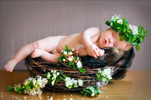 Pasgeboren baby slaapt in een nest met een krans op hoofd — Stockfoto