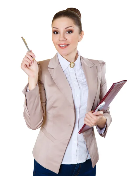 Mujer de negocios señalando con pluma aislada sobre fondo blanco . — Foto de Stock