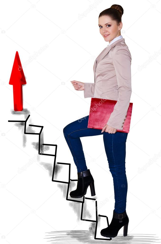 Business woman climbing up on hand drawn staircase