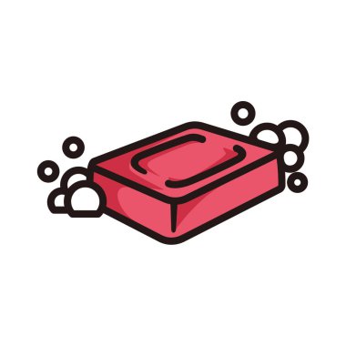 Sabun ve baloncukların sembolü, kırmızı renkli siyah çizgi sanat tarzı ve gölge detaylarıyla.