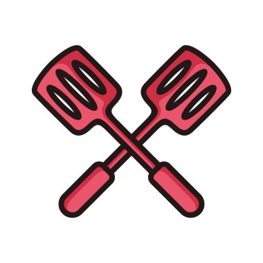 İki çapraz spatulanın sembolü, kırmızı renkli siyah çizgili sanat tarzı ve gölge ayrıntıları.