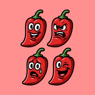 fun chili pepper expression compilation colorful cartoon character isolated drawing line style sketch classic vintage design illustration