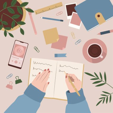 Akıllı telefon ev illüstrasyonunda kahve fincanı çalma listesiyle el yazısı günlüğü