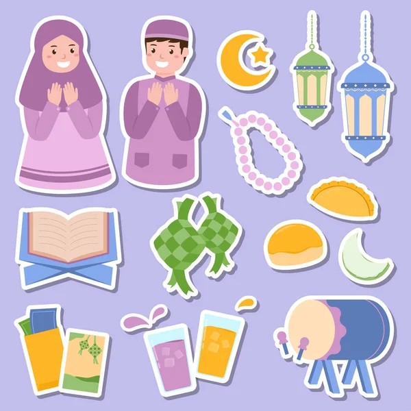 Ramadan Eid Mubarak Elements Cartoon Sticker Set Vector Design — Stock Vector