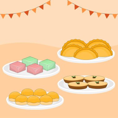 Lezzetli geleneksel Endonezya kekleri ve kurabiyeler nastar pastel kue lumpur vektör tasarımı çizimi