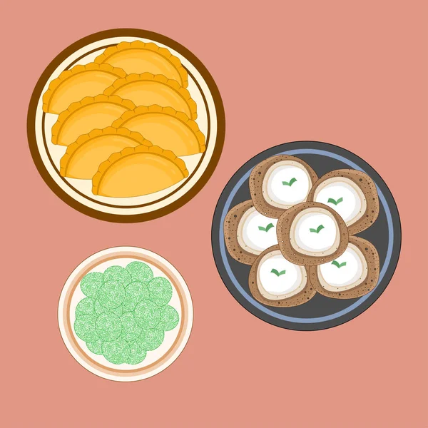 Deliciosos Pasteles Alimentos Tradicionales Indonesia Pastel Serabi Klepon Vector Diseño — Vector de stock