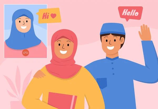 Tangan Digambar Karakter Muslim Bahagia Dalam Video Call Konferensi Konsep - Stok Vektor