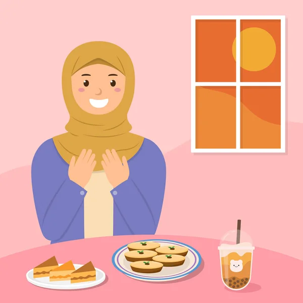 Ilustración Mujeres Musulmanas Rezando Iftar Tiempo Ramadán Con Pastel Lumpur — Vector de stock