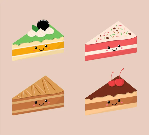Illustration Kawaii Cute Cake Slice Flavors Menu Set Collection Vector — Stock Vector