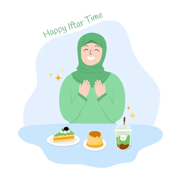 Señoras Musulmanas Jóvenes Dibujadas Mano Iftar Tiempo Ramadán Con Pastel — Vector de stock