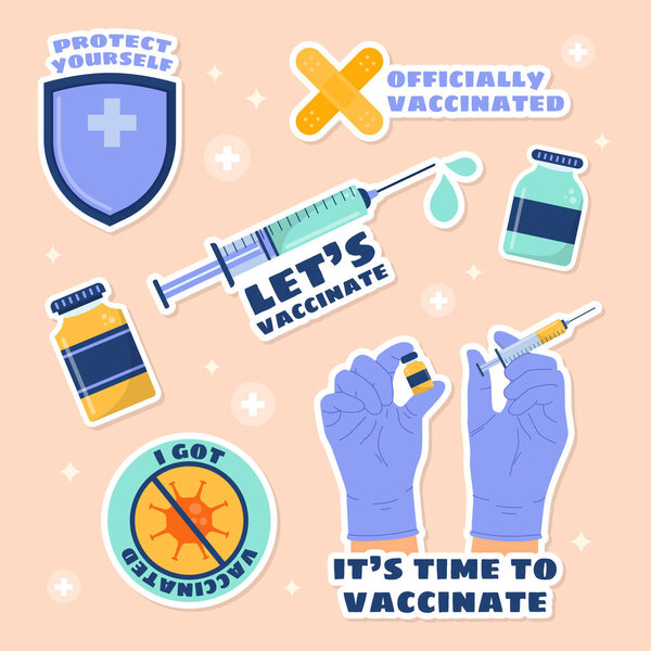 Hand drawn vaccinated theme icon stickers set collection. Officially vaccinated, Let's vaccinate, Protect yourself, I got vaccinate, It's time to vaccinate