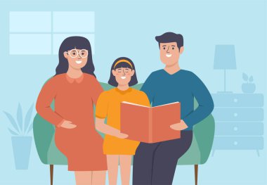 Mutlu aile babası tasarımı. Baba kızı. Ev vektörü tasarımında sandalye üzerinde birlikte kitap okuyor.