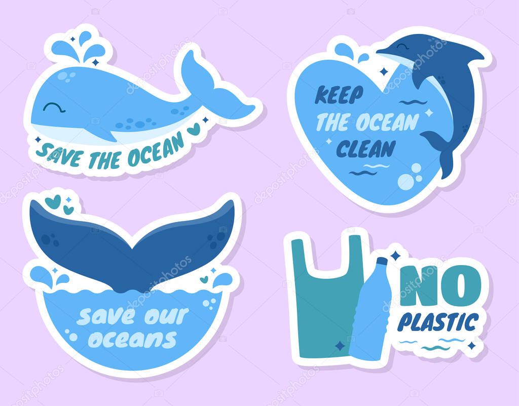 Hand drawn of ecology protecting concept save the ocean keep the ocean clean sticker set collection