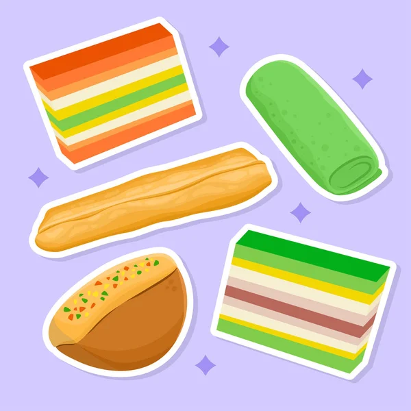 おいしい伝統的なインドネシアのイラストケーキスナックJue Lapis Kue Pukis Dadar Guung Snacks Stecker Setコレクションベクトルデザイン — ストック写真