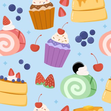 Flat design of cake snack collection cupcake pancake roll cake seamless pattern background vector stock