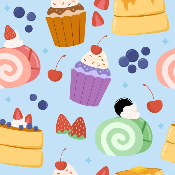 Flaches Design Der Kuchen Snack Collection Cupcake Pfannkuchen Rollkuchen Nahtlose — Stockvektor