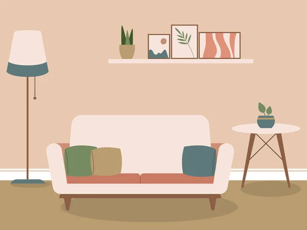 Design Plano Estilo Minimalista Moderno Sala Estar Interior Confortável Sofá — Vetor de Stock