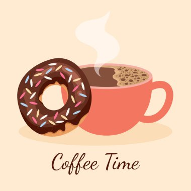 Lezzetli çikolatalı çörek vektör tasarımlı kahve zamanı.