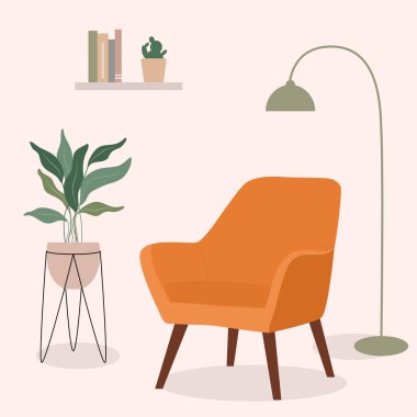 Hand drawn of minimalistic mid century furniture comfortable chair with plants and lamp interior vector design