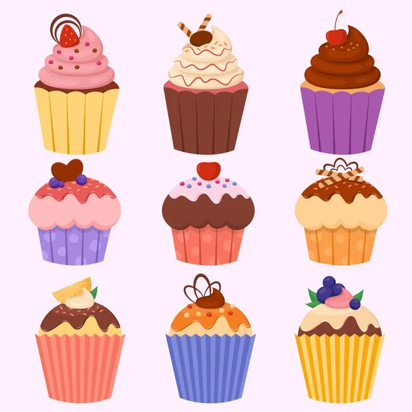 Illustration Colorful Sweet Cupcakes Various Toppings Flavors Collection Vector Stock — Stock Vector