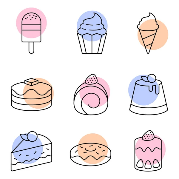 シンプルなデザートアイコンには ドーナツ ケーキ ロールケーキ アイスクリーム パンケーキ カップケーキベクトルストックが含まれます — ストックベクタ