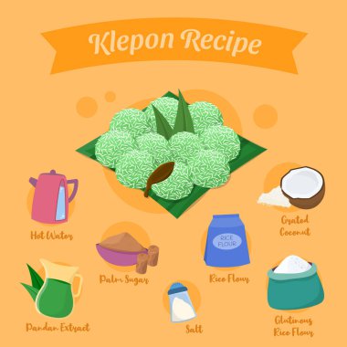 Geleneksel Endonezya atıştırmalık kleponu ya da glüten pirinç unundan yapılan ve kahverengi şeker ile doldurulmuş ve hindistan cevizi tarifi vektör tasarımı ile kaplanmış malzemelerin çizimi