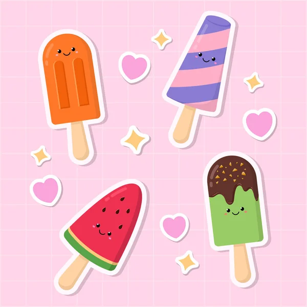 Hand Drawn Kawaii Cute Colorful Ice Cream Popsicle Sticker Vector — Stock Vector