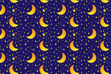 Gece mavisi arka planda yükselen ay ve yıldızlarla kusursuz bir desen. Vektör grafikleri. Soyut arkaplan