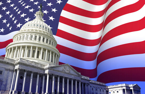 Капитолий США в Вашингтоне с американским флагом на заднем плане. Патриотизм и демократия. Президентские выборы в США.