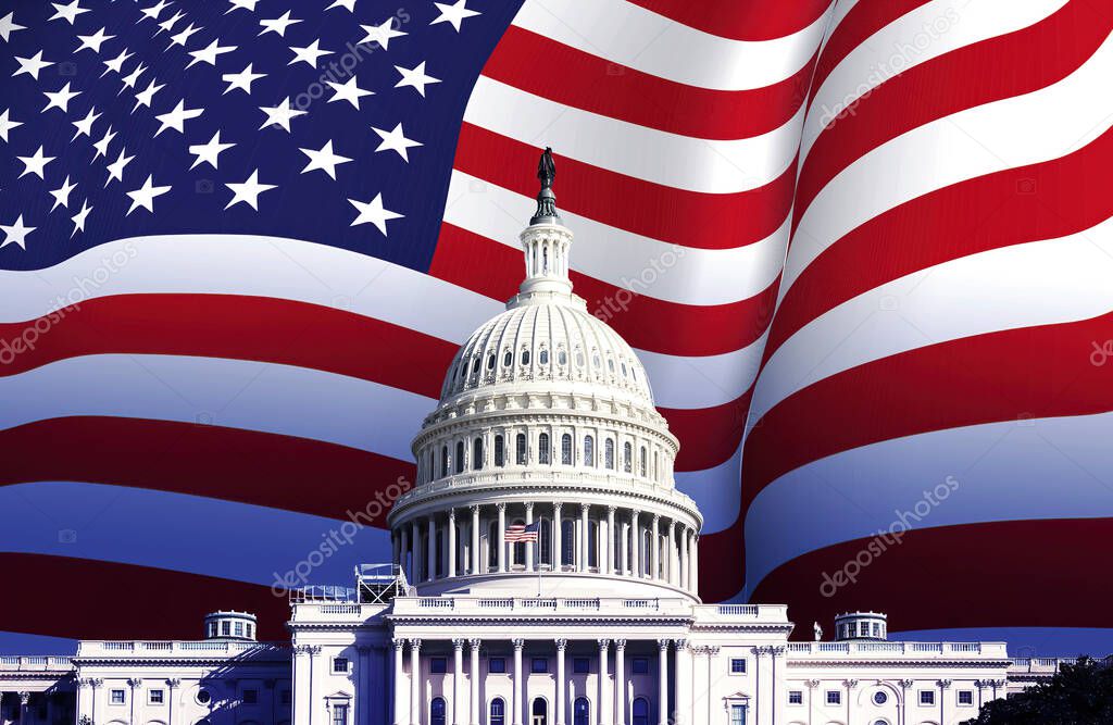 the US Capitol in Washington with the American flag waving in the background. Patriotism and democracy. American presidential election.