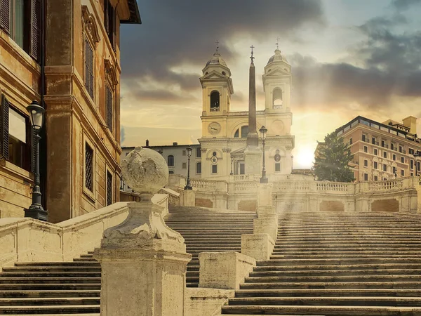 Іспанські Сходи Римі Людей Туристів Заході Сонця Знаменита Пам Ятка — стокове фото