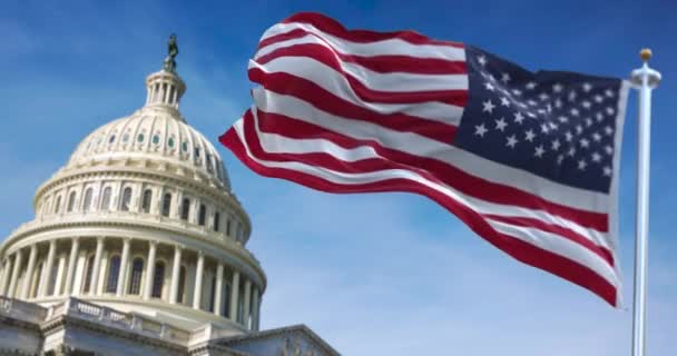 Bandera Estados Unidos Ondeando Con Capitolio Estados Unidos Fondo — Vídeo de stock