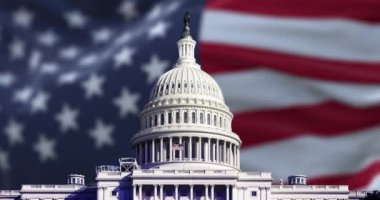 Arka planda dalgalanan bulanık Amerikan bayrağıyla ABD Capitol Hill. Demokrasi ve vatanseverlik kavramı