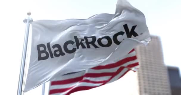 New York Abd Mart 2021 Blackrock Bayrağı Rüzgarda Dalgalanırken Arka — Stok video