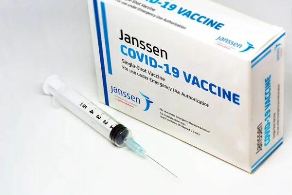 New York Usa April 12Th 2021 Syringe Next Janssen Covid — Stock Photo, Image