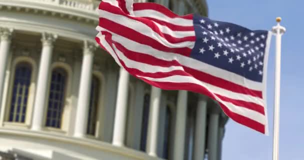 Flag United States America Flying Front Capitol Building Blurred Background — Stock Video