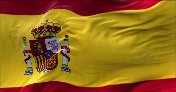 Närbild Den Spanska Nationella Flaggan Viftar Vinden Selektiv Inriktning — Stockfoto
