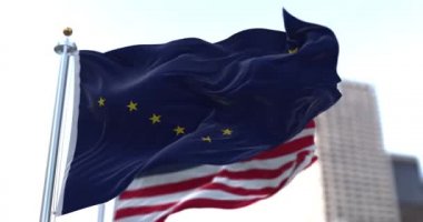 Alaska eyaletinin bayrakları ve rüzgarda sallanan Amerika Birleşik Devletleri. Demokrasi ve bağımsızlık. Amerikan devleti. Kusursuz 3 boyutlu animasyon