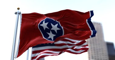 Tennessee Eyaleti ve Amerika Birleşik Devletleri bayrakları rüzgarda sallanıyor. Demokrasi ve bağımsızlık. Amerikan Devleti.