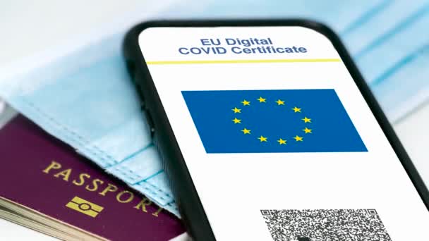 Digital Covid Certificate Code Screen Mobile Phone Surgical Mask Passport — Stock Video