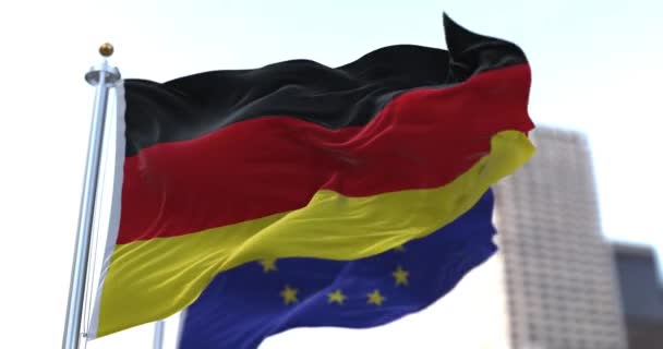 National Flag Germany Waving Wind Together European Union Flag Blurred — Stock Video