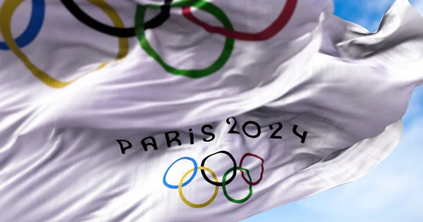Tokyo Japan July 2021 Paris 2024 Flag Waving Wind Olympic — Stock Photo, Image