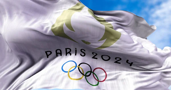 Tóquio Japão Julho 2021 Bandeira Olímpica Paris 2024 Acenando Vento — Fotografia de Stock