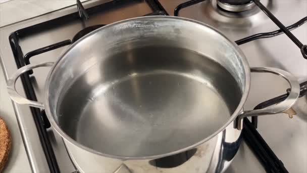 Timelapse Van Water Begint Koken Een Pan Keuken Bereiding Van — Stockvideo