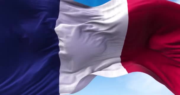 Detalhe Bandeira Nacional França Voando Vento Democracia Política País Europeu — Vídeo de Stock