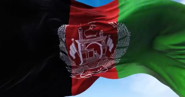 阿富汗伊斯兰共和国的国旗在风中飘扬 国旗飘扬 带有白色清真寺和小麦图案的垂直条纹 — 图库视频影像