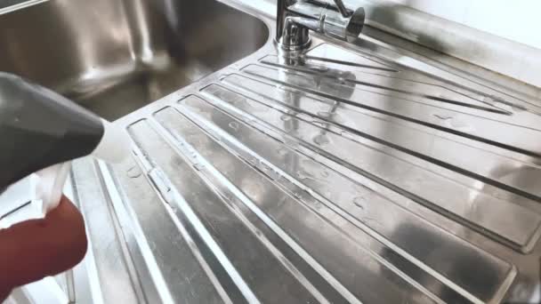 Spraying Detergent Aluminum Kitchen Sink Domestic Cleaning Sanitation — Stock Video