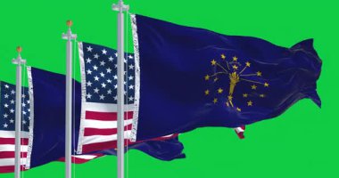 İndiana eyaletinin bayrakları yeşil arka planda izole edilmiş ABD bayrağıyla dalgalanıyor. Kusursuz 3D canlandırma animasyonu. Krom anahtar. Yavaş çekim döngüsü. Yeşil ekran. 4 bin. Seçici odak